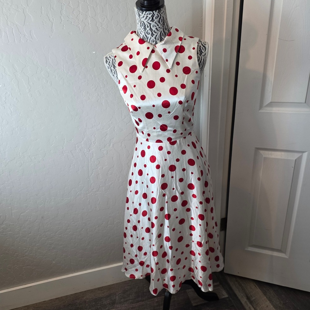 Fit & Flare Dress Womens Small White Red Polka Dot Sleeveless Rockabilly Pin Up